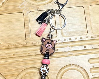 Handmade Cow Bull Keychain: Rhinestones, Tassels, Cow Print Bead, Choose Clasp