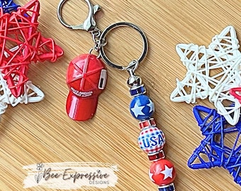 Handmade, Stars and Stripes Keychain, MAGA Ball Cap, USA and Star Wood Beads