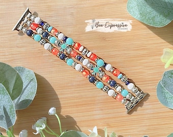 Handmade Beaded Apple Watch Bracelet: Silver Flower Charms, Custom Size