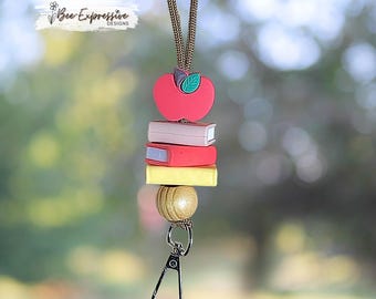 Handmade Teacher Gnome Lanyard: Book Beads, Apple Bead, Cord, Break Away Clasp