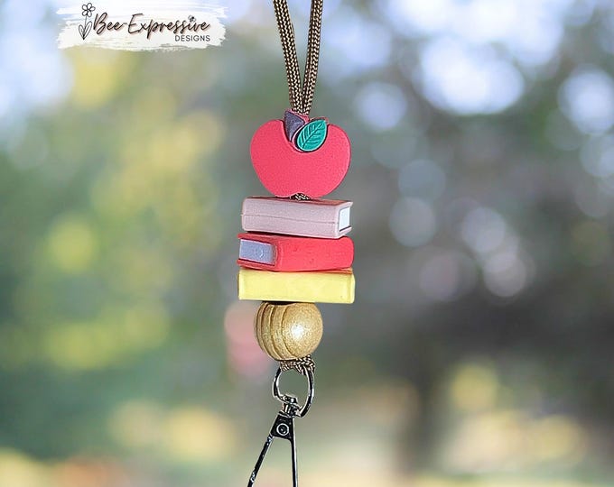 Featured listing image: Handmade Teacher Gnome Lanyard: Book Beads, Apple Bead, Cord, Break Away Clasp