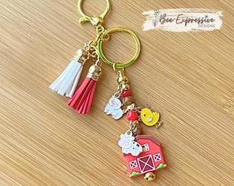 Farm Animal Keychain: Red Barn, Cow, Pig & Duck Charms