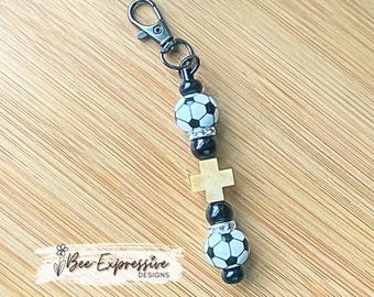 Handmade Soccer Ball Keychain: Silicone Beads, Wood Cross
