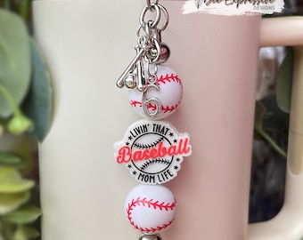 Livin’ That Baseball Mom Life, tumbler charm chain! Swivel clasp, 12mm acrylic baseball beads, custom jersey number charm, bat & ball charm!