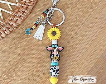 Cow & Sunflower Keychain: Beaded Tassel, Butterfly Charm