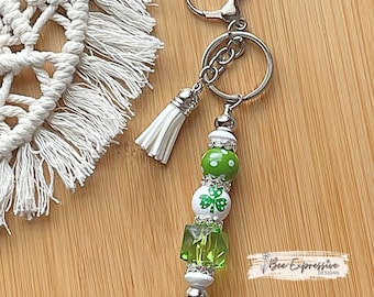 Handmade Shamrock Keychain: Beaded Metal Charm with Tassel