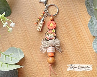 Handmade Scarecrow Keychain: Beaded Tassel, Sunflower Charm