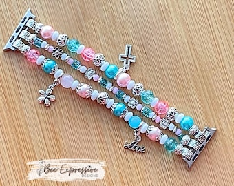 Handmade, Pastel Watch Bracelet: Flower and Cross Charms, Custom Sizes, for Apple Watches