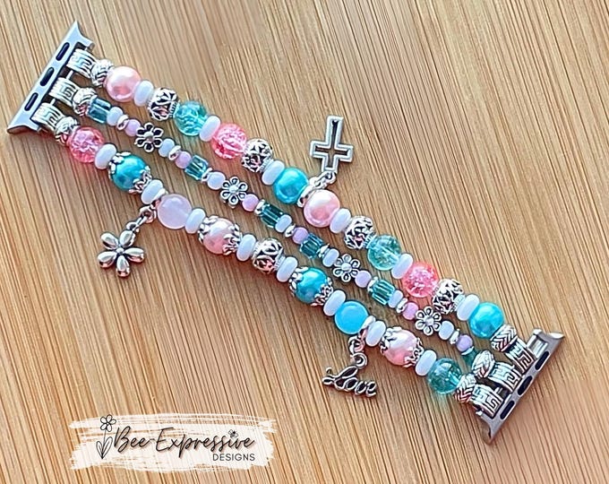 Featured listing image: Handmade, Watch Bracelet: Flower and Cross Charms, Custom Sizes, Apple and Samsung Watches