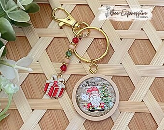 Handmade, Christmas Gnome Cabochon Keychain: Beaded tassel, gift | present charm