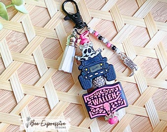 Handmade Wallen Keychain: Black and White Print Cowboy Hat, Beaded Tassel & Boot Charm