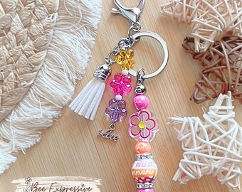 Handmade Beaded Summer Keychain: Daisy Flower, Wood Bead, Tassel Charm