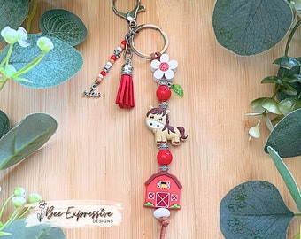 Handmade Horse & Barn Keychain: Beaded Tassel, Wood Daisy, LOVE Charm