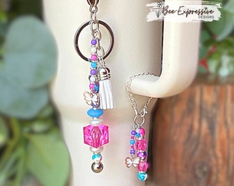 Beaded Keychain & Tumbler Charm Set: Butterfly Tassel, Acrylic Beads