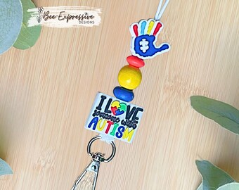 Handmade, Autism Lanyard: Beaded, Awareness, Hand, Multi Color, Breakaway Clasp