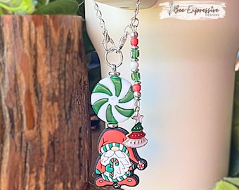 Handmade Santa Gnome Tumbler Charm: Beaded Christmas Tree Tassel