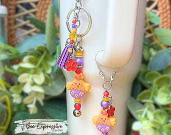 Handmade Chicken Keychain & Tumbler Charm Set: Beaded Tassel, Flower Charms