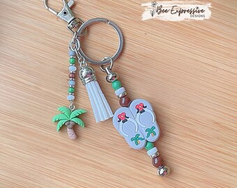 Flip Flop Keychain: Beaded Tassel, Palm Tree Charm - Summer Accessory