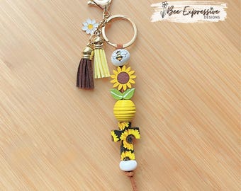 Sunflower Keychain: Wood Beads, Bee Charm, Lobster Clasp