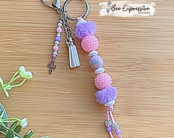 Handmade, Happy Easter, beaded keychain: Chunky Rhinestone Beads, Cross Charm Pendant