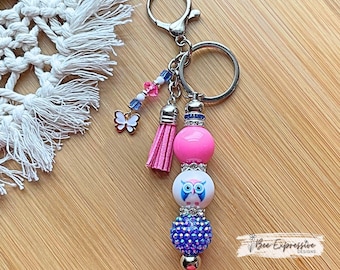 Handmade Owl Beaded Keychain: Chunky Beaded, Butterfly Charm