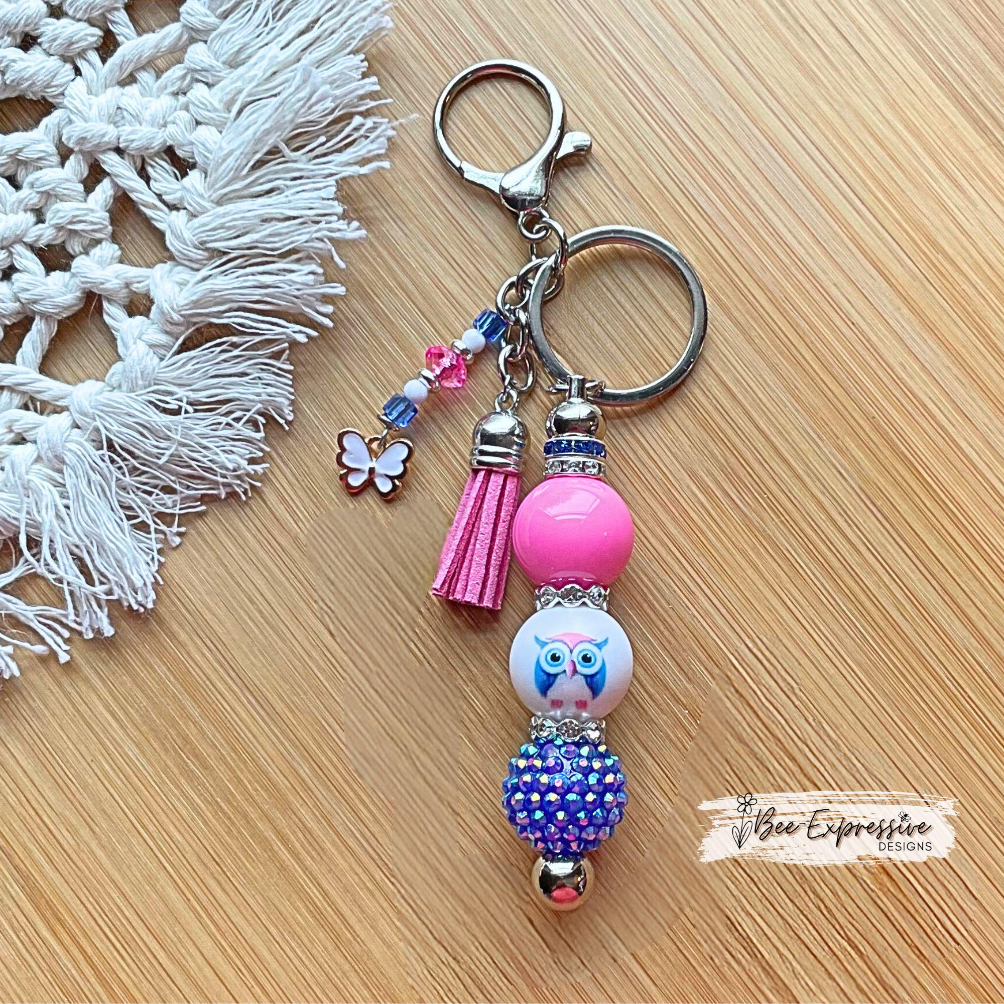 Handmade Owl Beaded Keychain: Chunky Beaded, Butterfly Charm