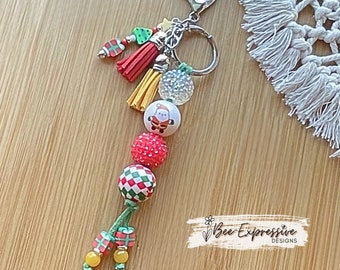 Chunky bead, SANTA Christmas keychain! Lobster or swivel clasp, suede cord, acrylic, clay, beaded tassel, Santa, presents, X-mas tree!
