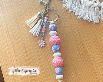 Handmade Chunky Beaded Keychain: Floral Print, Tassel Charm