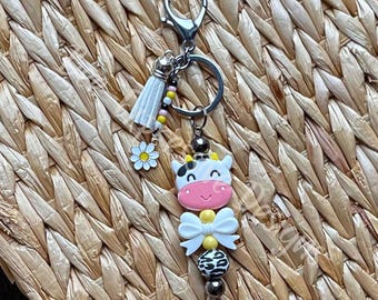 Cow Keychain: Handmade Silicone Beaded Tassel with Daisy Charm