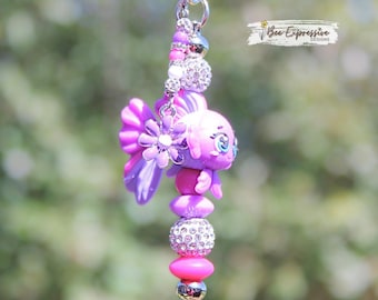 Handmade 3D Fish Keychain: Lobster Clasp, Rhinestone Beads, Purple Flower Charm