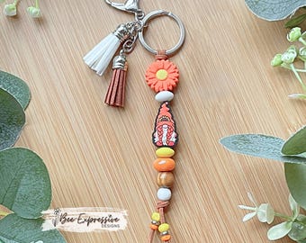 Handmade Flower Girl Gnome Keychain: Silicone Beads, Suede Cord