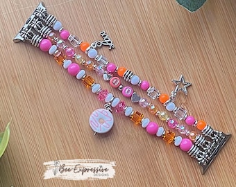 Handmade Beaded Apple Watch Bracelet, Donut Charm, Custom Size