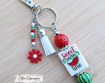 Handmade Watermelon Beaded Keychain: Summer Bead, Red Daisy Charm