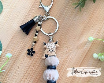 Handmade Highland Cow or Bull Keychain: Furry Beads, Star Tassel, Flower Charm
