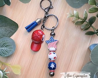 Handmade Beaded Keychain, Patriotic Star, Maga Hat, Blue Tassel