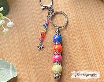 Handmade Iridescent Keychain: Rhinestone Spacers, Flower Charm, Choose Your Clasp
