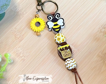 Handmade Wood Bee Keychain, Sunflower Tassel, Bag Charm