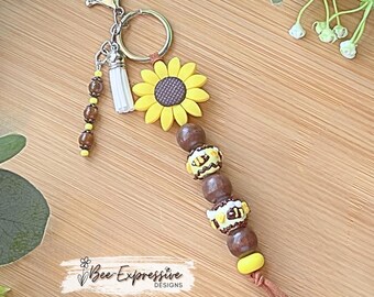 Handmade Sunflower Bee Keychain: Beaded Acrylic Tassel, Suede Cord