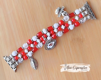 Handmade Kc Chiefs Beaded Watch Band: Apple Watches, Football Charms, Customize To Fit