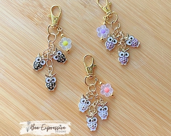 Owl Charms, Keychain, Bag Accessory:  Swivel clasp, acrylic daisy flower bead.