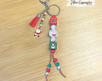 Handmade Beaded, Santa, Christmas Keychain: Santa Charm, Acrylic Square Beads, Optional Swivel Clasp