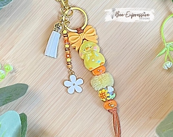 Handmade, Glass Duck, Keychain: Hand Painted Bead, Yellow Bow, Daisy Charm