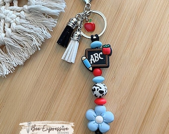 Handmade Teacher Keychain: Apple Charm, Chalkboard, Daisy Flower
