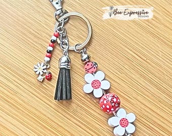 Handmade Ladybug Keychain: Beaded Tassel, Wood Daisy Flowers