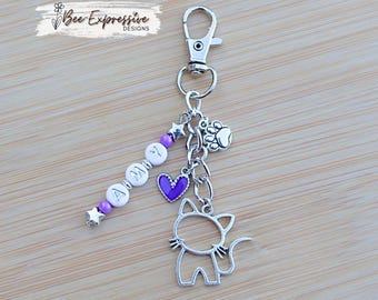 Handmade, Personalized, Cat Charm Chain: 3 charms - heart, paw print, cat, Custom Name and Colors!