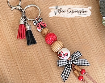Handmade Ladybug Keychain: Chunky Wood Beads, Gingham Bow & Tassels