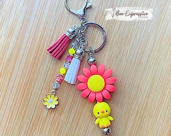 Handmade 3D Duck & Sunflower Keychain: Beaded Tassel Charm
