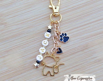 Handmade, Personalized, Cat Charm Chain: 3 charms - heart, paw print, cat, Personalized Name!