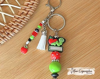 Handmade Bookworm Teacher Keychain, Beaded Tassel Apple Charm