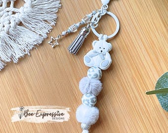 Handmade Teddy Bear Keychain: Furry Beads, Star Charm & Suede Tassel